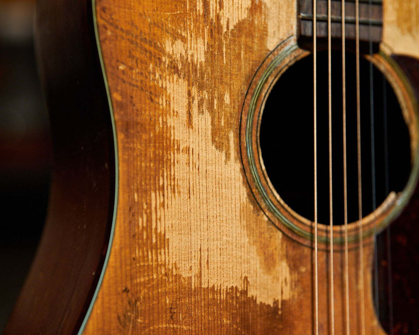 Close up of a well-worn acoustic guitar